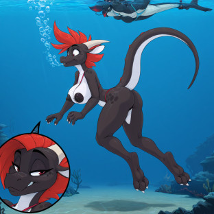 Elderly Dragon Woman Sinking Underwater