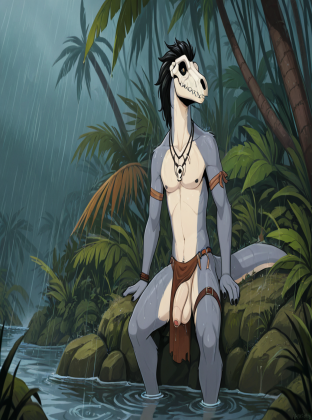 Prehistoric Raptor in Rainy Jungle