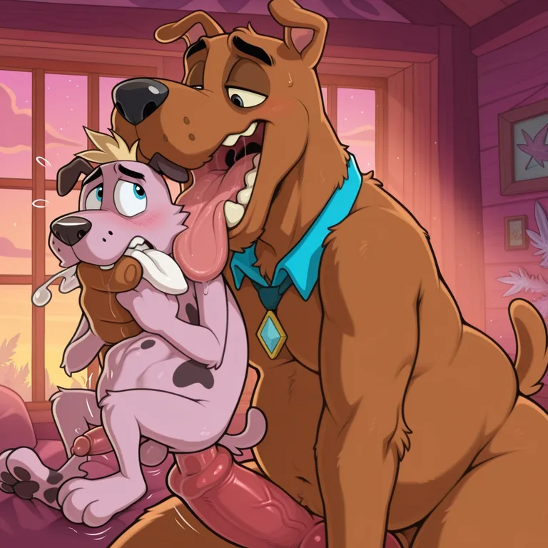Two Anthro Dogs Embracing in a Rainbow Meadow Toony