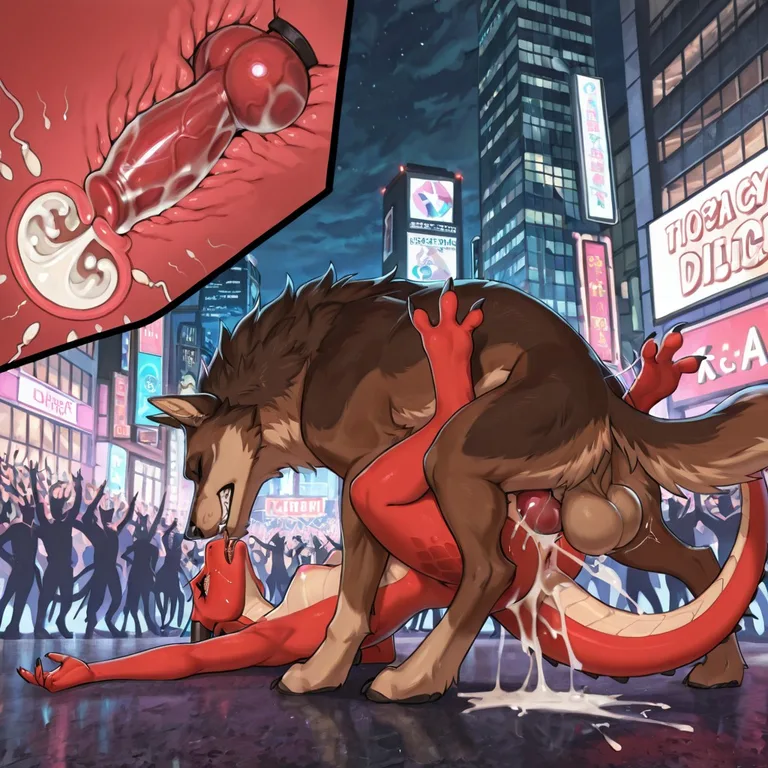 Brown Wolf and Black Dragon in a City Street Anthro Dragon