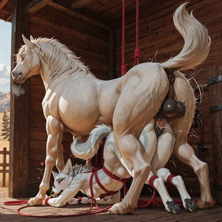 White Shepherd Dog and Horse in Forest Encounter