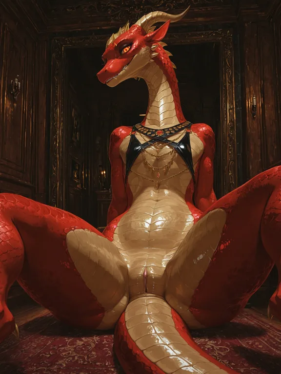 solo, dragon, (feral), female, black and_yellow_scales, slut