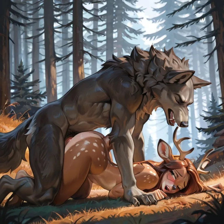 Deer and Wolf in Passionate Embrace