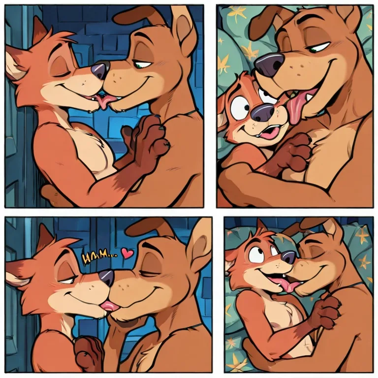 Stoned Cartoon Dogs Sharing a Kiss