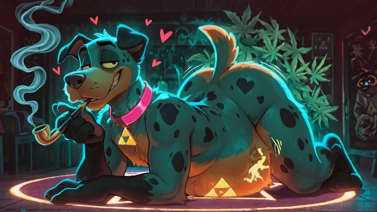 Anthro Dalmatian with Neon Rainbow Fur Smoking Pipe