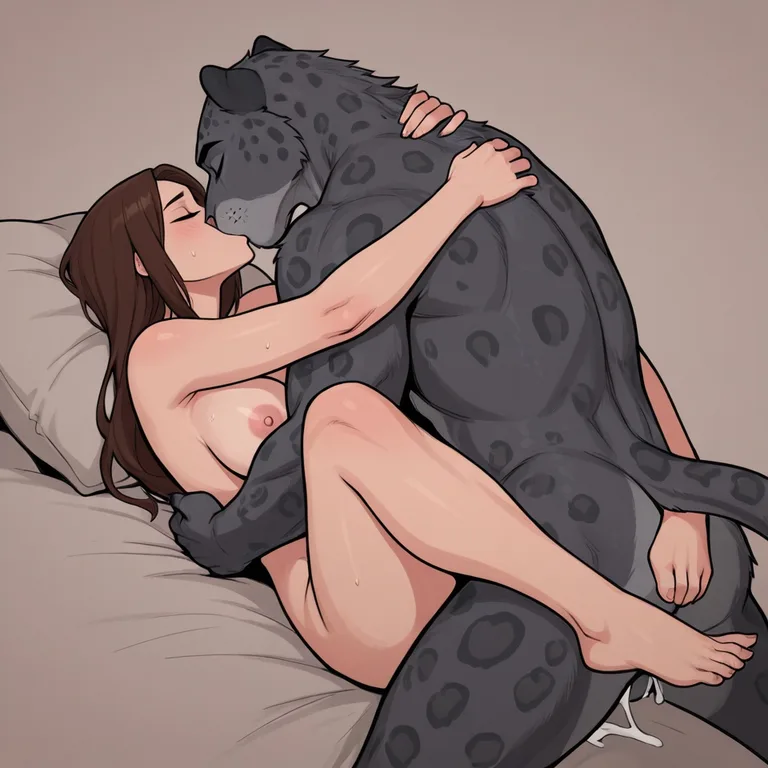 Panther Anthro and Human Lovers Embracing