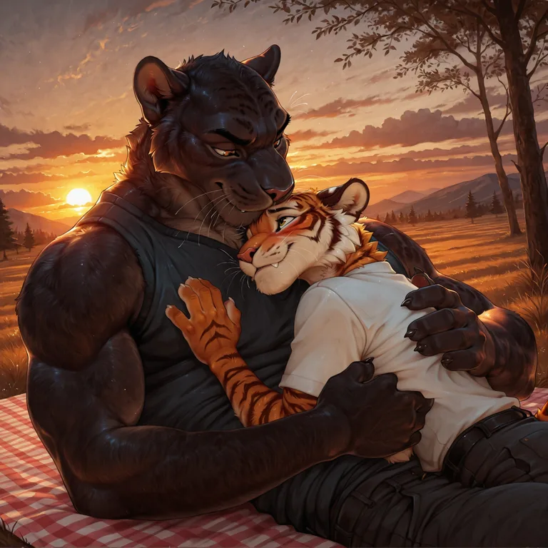 Two Tigers Share A Picnic At Sunset