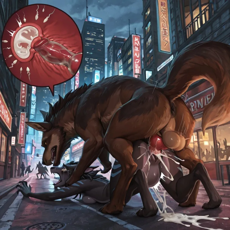 Brown Wolf Mounting Black Dragon in Busy City Street