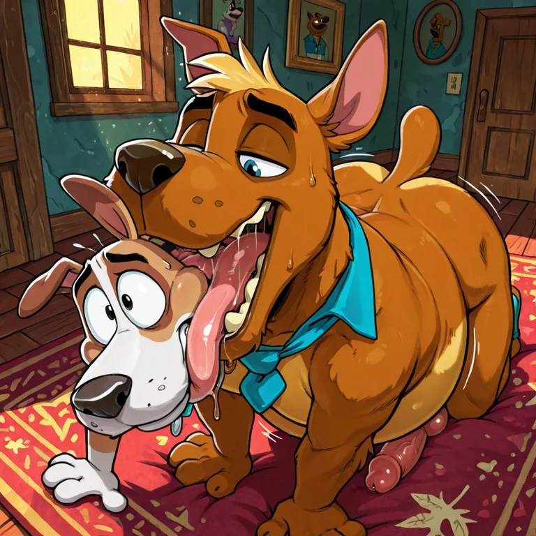 Two Furry Dogs Embracing in a Rainbow Meadow
