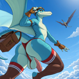 Flying Pteranodon Dinosaur in Cloudy Sky