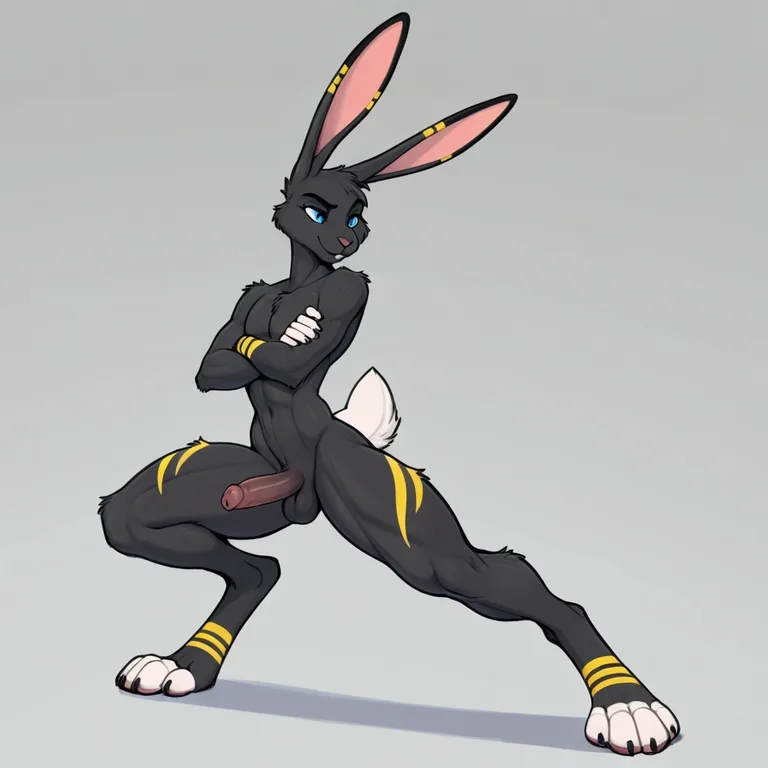 Solo, male, anthro, jackrabbit, black_fur, white_tail, muscu