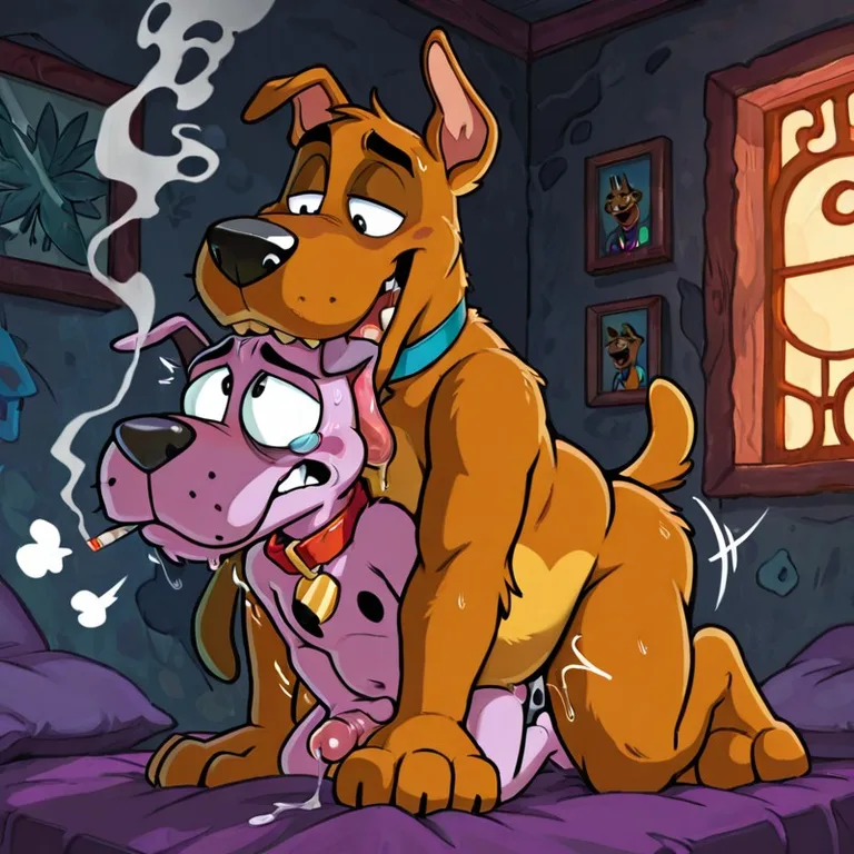 Scooby and Courage in a Cozy Stoner Hideaway