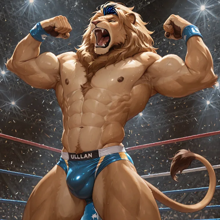 Muscular Lion Wrestler Flexing Powerfully