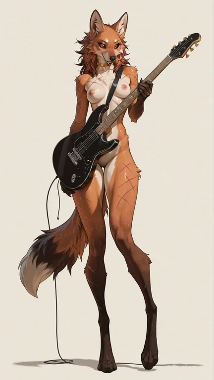 Maned Wolf Woman with Guitar on Beige Background