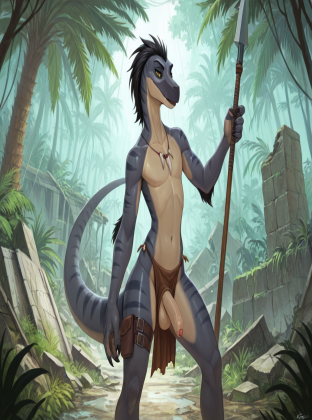 Dino Warrior in Rainy Jungle Ruins