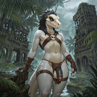 Raptor in Ruins: Dinosaur in Jungle Rain