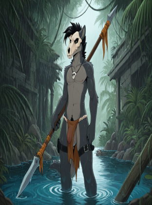 Raptor Warrior in Rainy Jungle Ruins Grey Skin