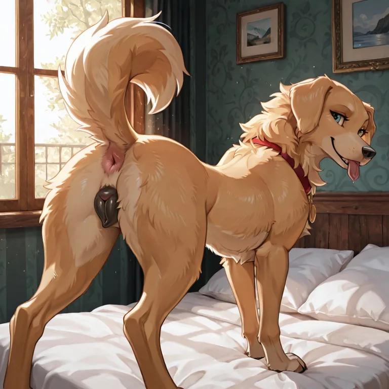 Golden Retriever On Bed Looking Back