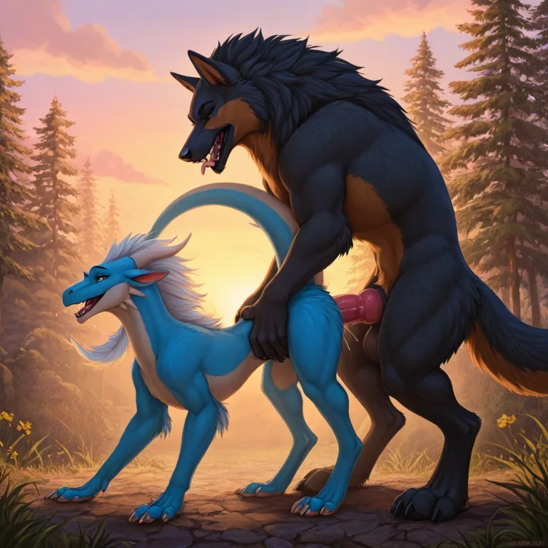 Wolf Mounting Dragon in Passionate Embrace