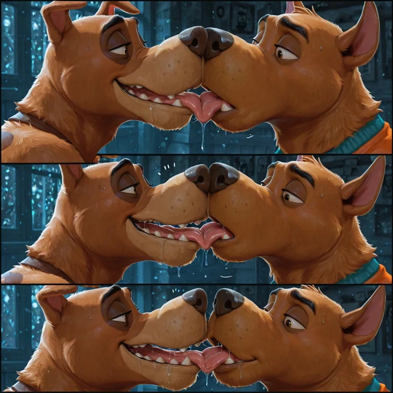 Scooby Doo and Courage Kissing in Comic Style