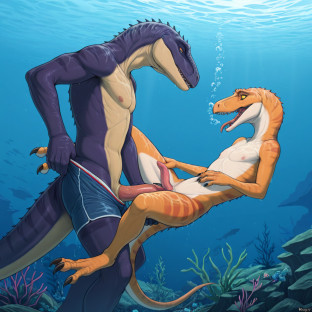 Elderly Dinosaur Couple Underwater Embrace