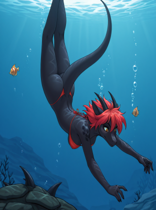 Black-Scaled Dragoness Sinking Underwater