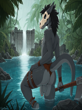 Male Raptor Dinosaur in Rainy Jungle Ruins