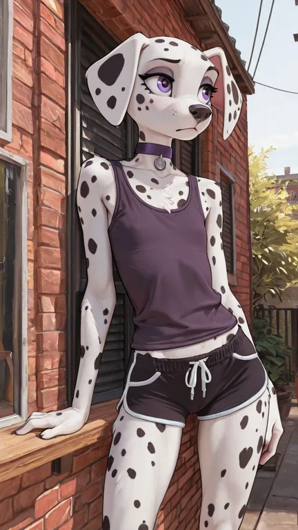 Dalmatian Anthro With Purple Eyes Poses Outside In Booty Shorts