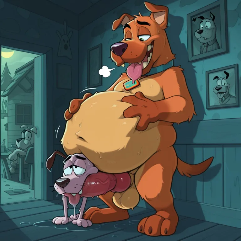 Courage the Cowardly Dog and Scooby Doo Embrace in a Trippy Setting