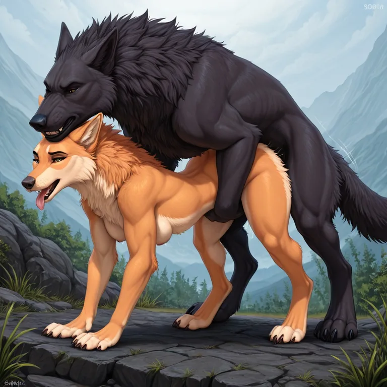 Wolf Mounting Dragon in Passionate Embrace