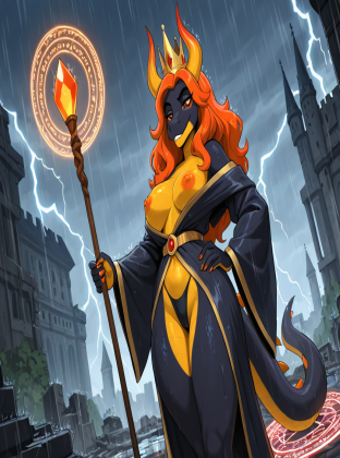 Majestic Furry Queen in Rainy Castle Ruins