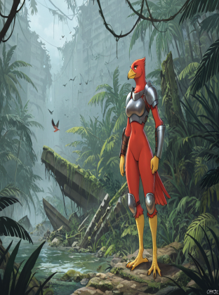 Avian Warrior in Rainy Jungle Ruins