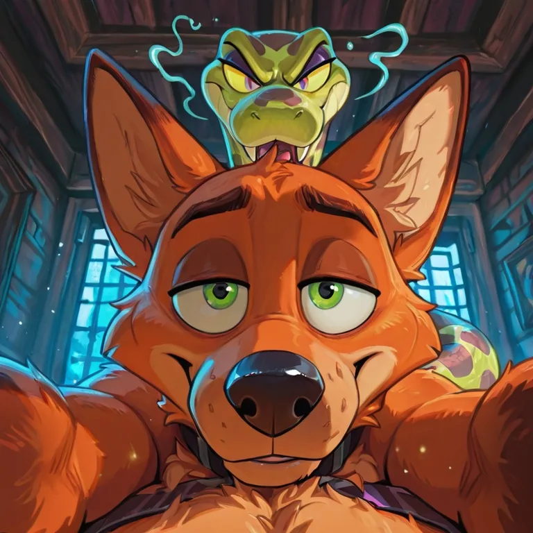 Anthropomorphic Dogs Hypnotized by Snake