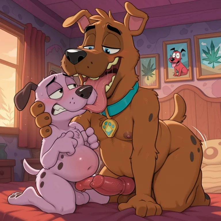 Two Anthropomorphic Dogs Lock Lips in Romantic Embrace