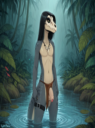 Prehistoric Raptor in Rainy Jungle