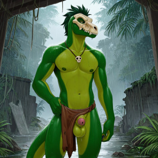 Raptor Dinosaur with Green Plumage and Intricate Accessories