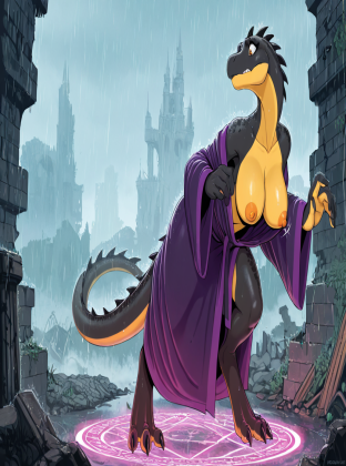 Mysterious Dragon in Rainy Castle Ruins