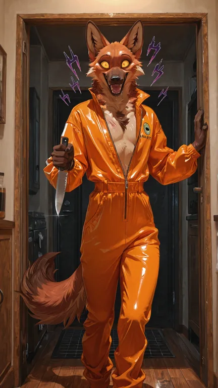 Maned Wolf in Prison Jumpsuit Menacingly Licks Knife