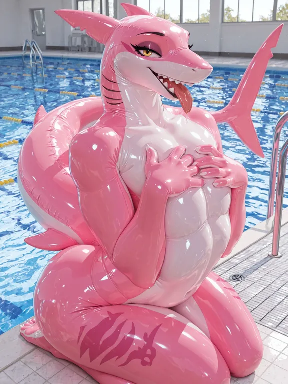 Feral Shark-Wolf Hybrid Kneeling by Pool