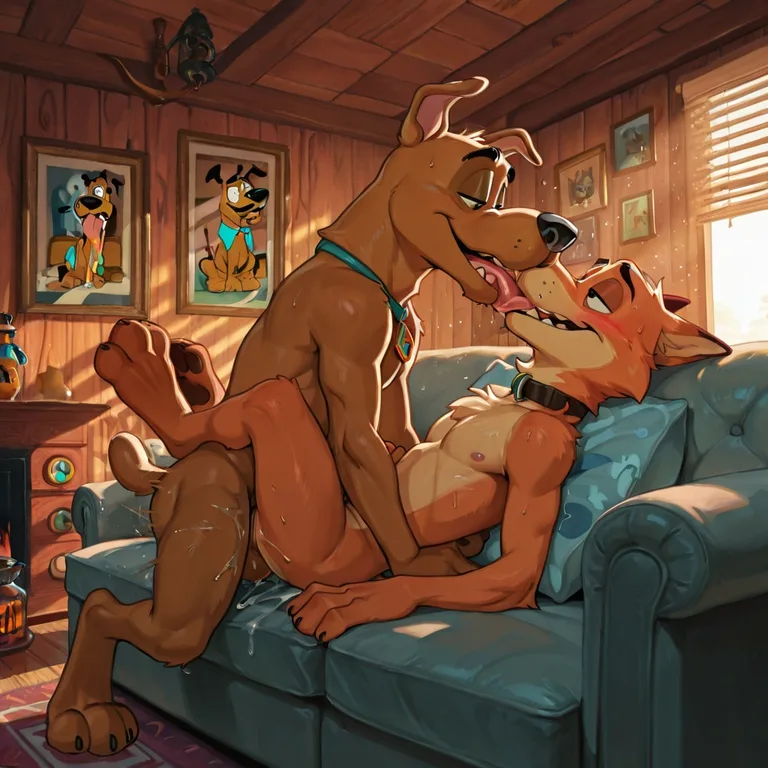 Group of Male Cartoon Characters Kissing on Sofa