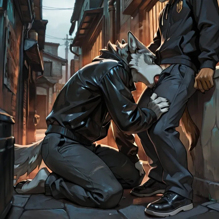 Gray Wolf Anthro Towering in a Dark Alley