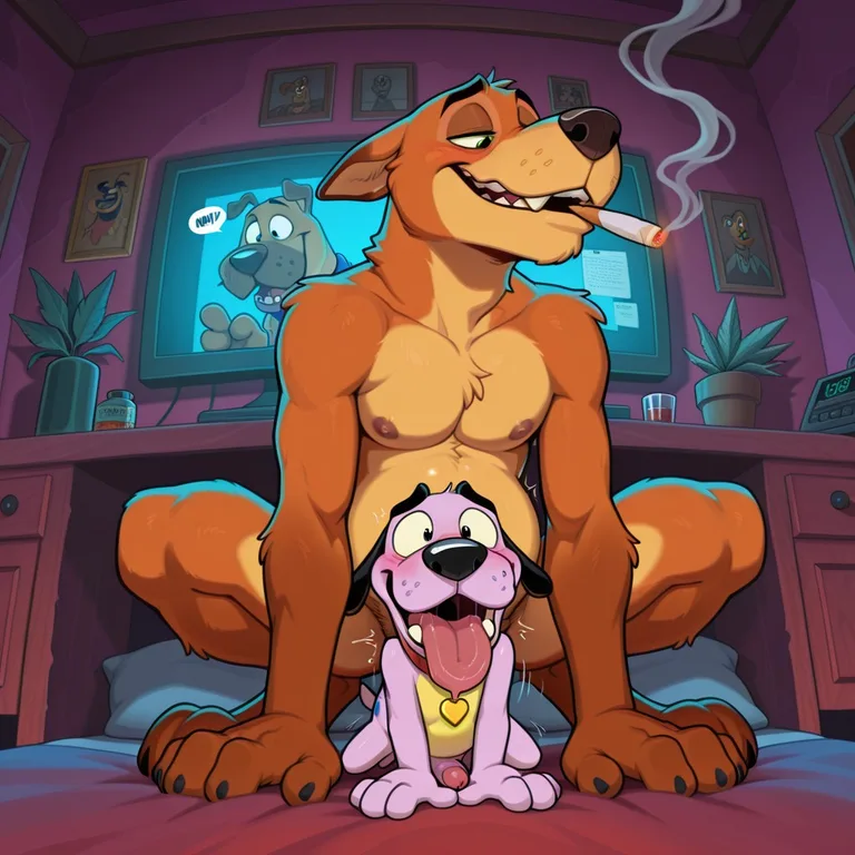 Two Cartoon Dogs Sharing a Smoke in a Cozy Room