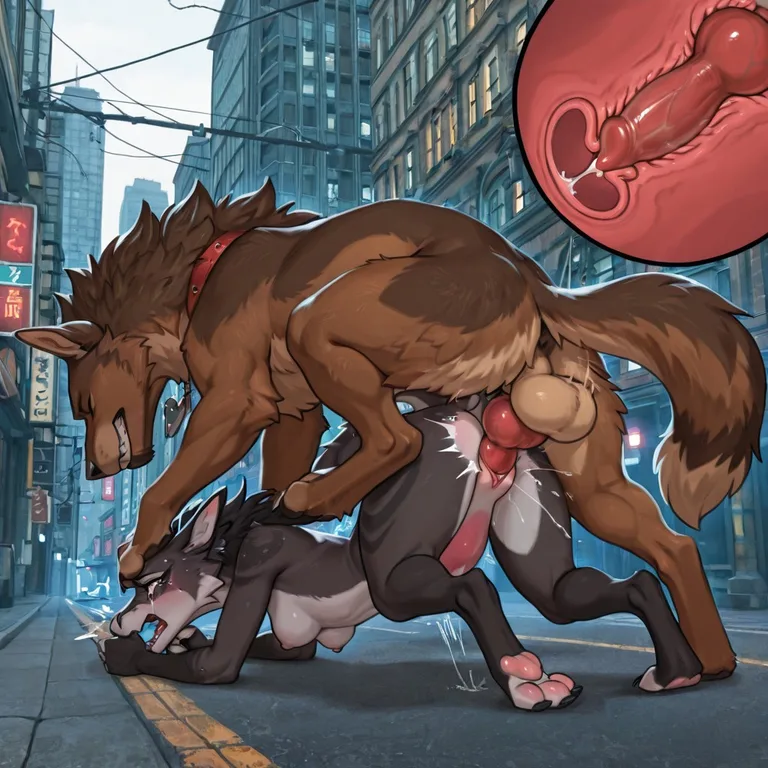 Brown Wolf and Black Dragon in a City Street