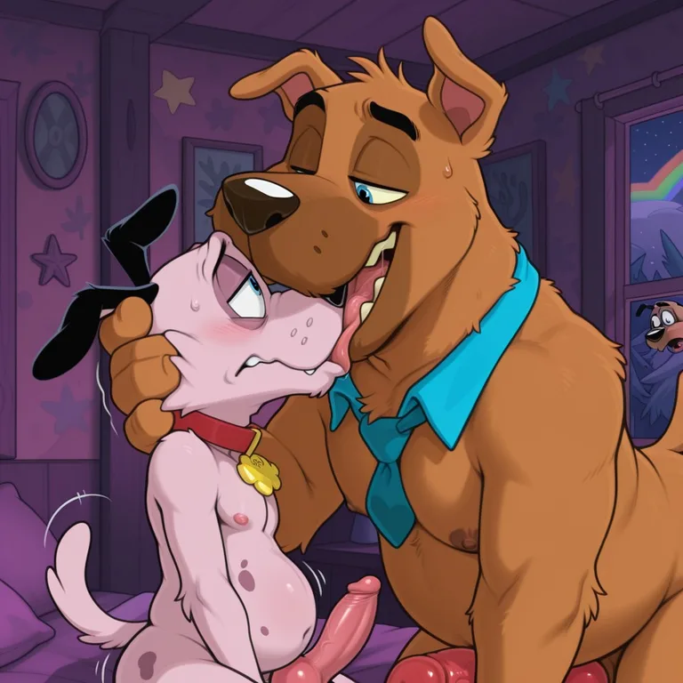 Two Anthro Dogs Embrace Under a Rainbow Sky