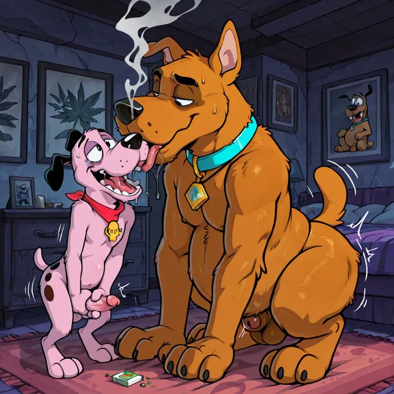 Scooby and Courage in a Cartoon Meadow