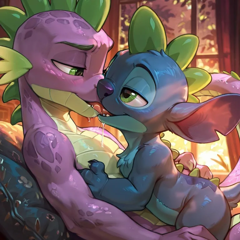 Spike the Dragon Sharing a Kiss with Stitch