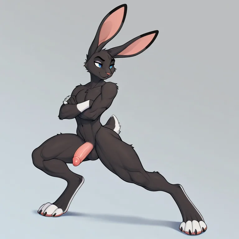 Solo, male, anthro, jackrabbit, black_fur, white_tail, muscu