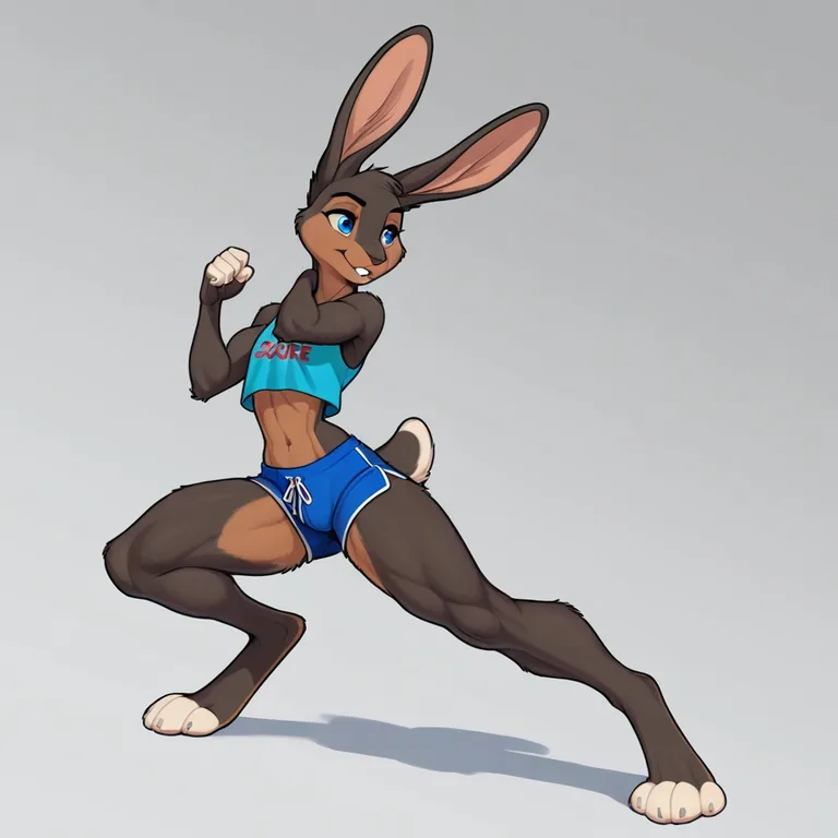Solo, male, anthro, jackrabbit, black_fur, white_tail, muscu