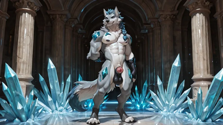 Timberwolf With Midnight-Blue Hair Stands Confidently In Studio