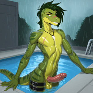 Raptor Dinosaur Swimming in Rainy Pool